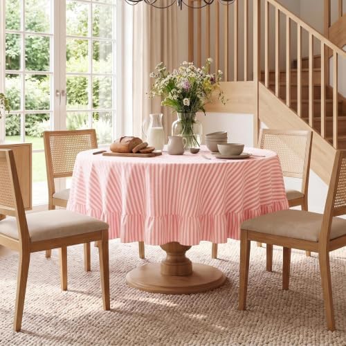 Eternal Beauty Striped Ruffled Round Tablecloth 60 Inch Pink White - Image 4