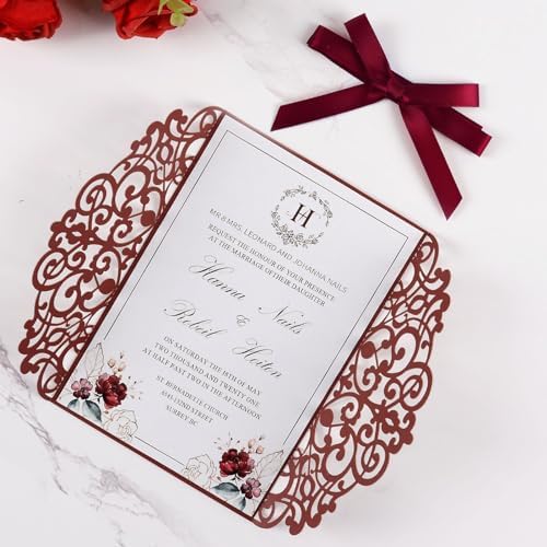 50pcs Blank Burgundy Wedding Invitation Cards Pocket with Envelope - Image 5