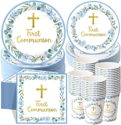 Pickmesh 250 Pcs Blue First Holy Communion Disposable Tableware Set God Bless Baptism Disposable Paper Plates Napkins and Cups for Boys Christening Celebration Baby Shower Religious Supplies Serve 50 by Pickmesh