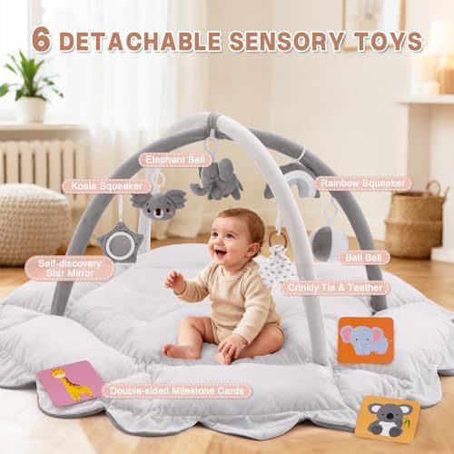 5-in-1 Baby Activity Gym & Play Mat with 6 Hanging Toys, Tummy Time Mat & Cards - Extra Large, Reversible Machine Washable Pad - Gift for Newborns, Infants 0-12 Months, Grey - Image 3