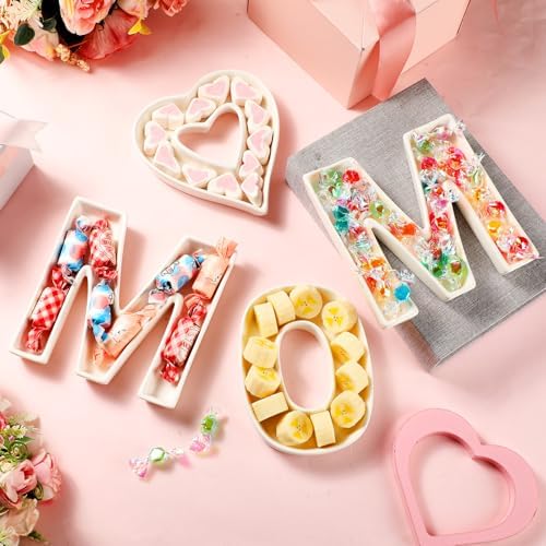 SiliFine 4 Pcs Mother's Day Letter Charcuterie Boards Ceramics Heart Mom Fillable Letters Box Small White Reusable Alphabet Food Serving Tray Platter for Candy Mother's Day Gift Party Decoration - Image 3
