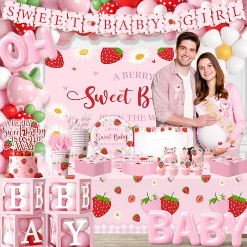 Strawberry Baby Shower Decorations,276pcs Berry Sweet Baby Shower Decorations Plates And Napkins Cups Banner Backdrop Tablecloth Cake Topper Balloon for A Berry Sweet Baby Is On The Way Decorations - Image 2
