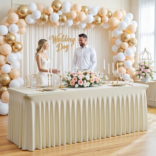 6 Pack Beige Table Cloth for 6 Foot Rectangle Tables Spandex Fitted Tablecloth 6ft Stretch Table Covers Skirt Beige Banquet Tablecloths Wrinkle Free Tablecloth for Party Wedding Birthday Event - Image 3