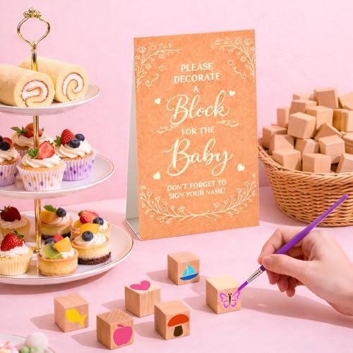 152PCS Baby Shower Blocks to Decorate Game Kit Includes 52 Wooden Blocks 24 Drawing Pen 1 Game Sign 75 Design Templates to Paint for Baby Shower Games Gender Reveal & Birthday Decorations - Image 6
