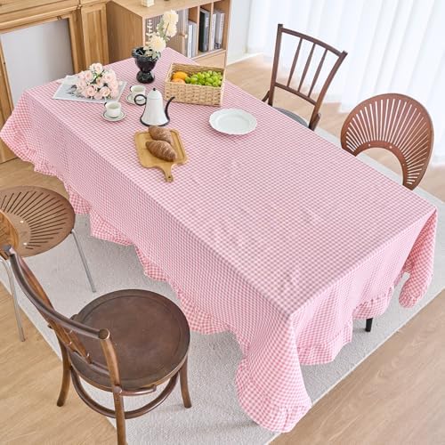vctops Farmhouse Pink Plaid Ruffle Table Cloth, Boho Cotton Linen Tablecloth, Washable Table Cover for Rectangle Table Baby Shower Kitchen Party Wedding Decor (Pink,70"x102") - Image 3