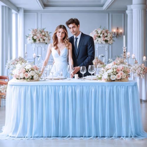6 Pack Baby Blue Tablecloth for 6 Foot Rectangle Tables Tulle Table Skirt - Image 2