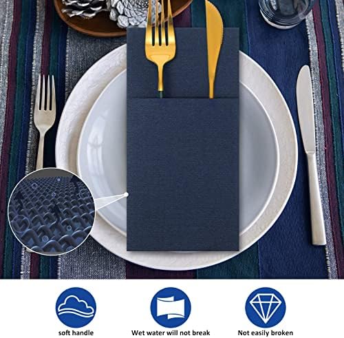 Cindeer 150 Pcs Navy Blue Linen Dinner Napkins with Built in Flatware - Image 4
