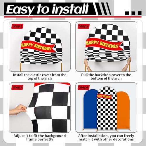 3 Pcs Race Car Arch Backdrop Cover Adaptable for 4ft 5ft 6ft Size Frames Black and White Checkered Chiara Hot Arch Stand Covers for Racing Birthday Baby Shower Party Decorations Supplies - Image 4