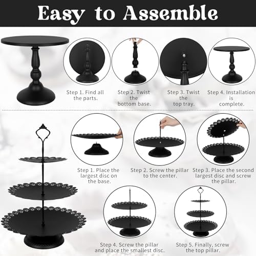 Fivenl 8 Pcs Cake Stand Black Metal Dessert Table Display Set, 3-Tier Cupcake Stand, Cake Display Tower and Cookie Tray Rack Serving Tray for Birthday Party, Weddings, Baby Shower (Black) - Image 6
