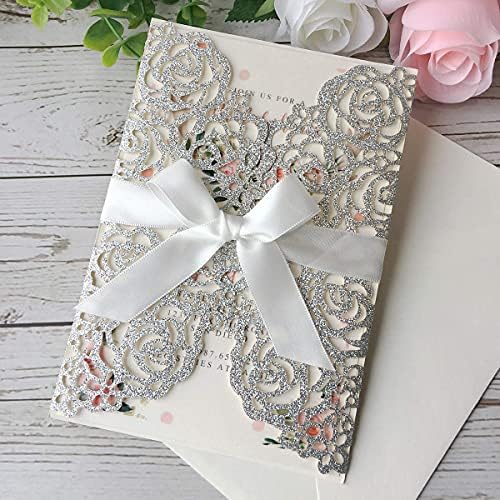 20PCS 5.12 x 7.28'' Silver Wedding Invitations Cards With Bowknot Laser Cut Rose Flowers invitation kit For Bridal Shower Engagement Wedding Invite (Silver Glitter) - Image 6