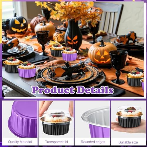 200 Pack Aluminum Cupcake Liners with Lids,Purple Black,Halloween - Image 2