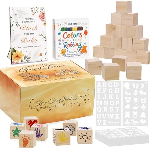 95 PCS Shower Games Sign Kit for Boys Girls, 1 Wooden Game Sign, 52 Blank Wooden Blocks for DIY Drawing, 24 Markers, 18 Stencils, Shower Game for Gender Reveal Activity Decorations by Amzsudy