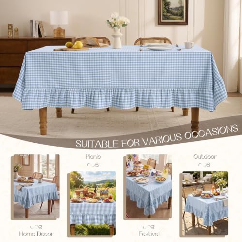 Romanstile Gingham Ruffled Tablecloth Rectangle, 60 x 102 Inch, Light Blue - Image 6