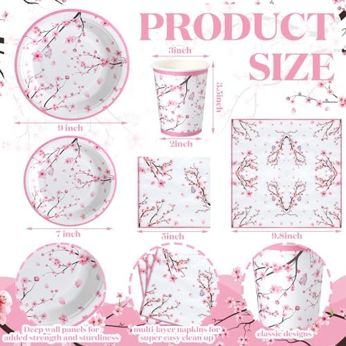 Hsei 250 Pcs Cherry Blossom Plates Napkins Cups Party Set Serves 50 - Image 2
