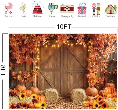 10x8ft Fall Backdrop for Photography Autumn Harvest Farm Barn Wooden Door Pumpkin Maple Leaves Background Thanksgiving Day Baby Shower Birthday Party Decoration Photobooth Banner Props - Image 4