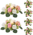 NUPTIO Flower Wreath for Table Centerpieces: 9.05 Inch Small Pink & White Candle Rings for Wedding Party Christmas Decorations - Rose Wreaths for Spring Summer Front Door Porch Decor 6 Pcs by Nuptio