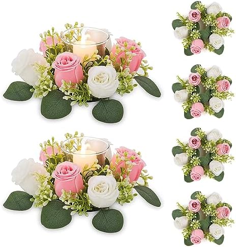 NUPTIO Flower Wreath for Table Centerpieces: 9.05 Inch Small Pink & White Candle Rings for Wedding Party Christmas Decorations - Rose Wreaths for Spring Summer Front Door Porch Decor 6 Pcs by Nuptio