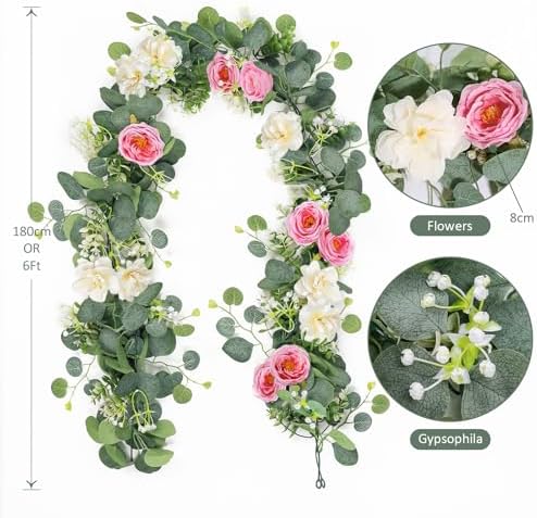 TOCHGREEN 4 Pack Artificial Eucalyptus Flower Garland with White Pink Roses - Image 3