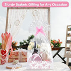ForraFun 12 Pcs Pink Floral Baskets for Gifts Empty with Plastic Bag Ribbon Bow 8x10'' Pink White Cardboard Gift Wrapping Basket with Handle to Fill for Spring Wedding Bridal Birthday Party Supplies - Image 5