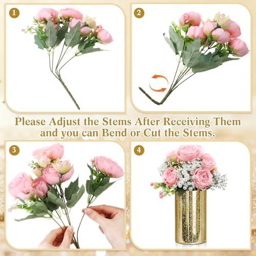 Suncalla 6 Sets Gold Cylinder Vases Artificial Peony Candle Holders, Pink - Image 2