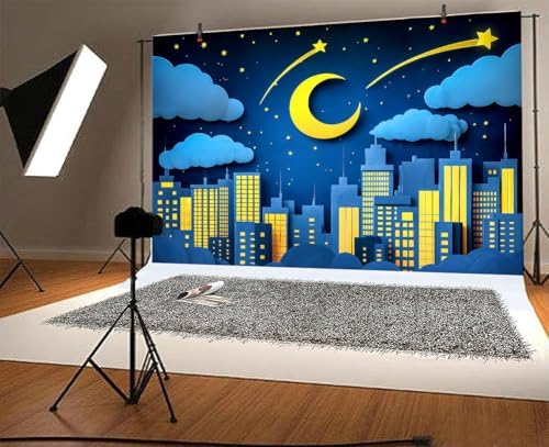 20x10ft Moon Stars Clouds Backdrop Super City Cartoon Paper Cut Hero Photography Backdrop Skyscraper Urban Light Girl Boy Birthday Baby Shower Party Photo Studio Props - Image 3