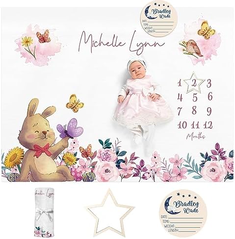 Personalized Baby Milestone Blanket for Boys Girls - Rabbit Pattern Baby Month Blanket- First Year Calendar Monthly Growth Chart - Halloween Birthday Gifts for Infant Todder by Dyoart