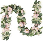 MAKHOT 2 Pcs Pink 6.6Ft Artificial Eucalyptus Flower Garland with Fake Rose Flower Vine Seeded Eucalyptus Leaves Greenery Garland for Wedding Table Backdrop Party Centerpiece Room Decor (Pink) by MAKHOT