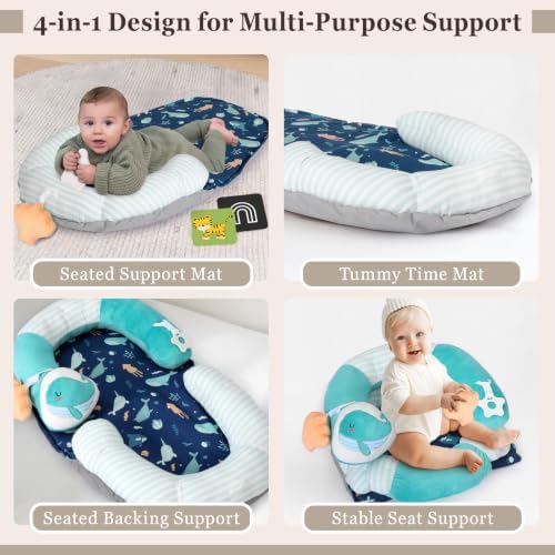 4 in 1 Tummy Time Mat with Educational Cards, Play Mat & Sitting Support for Newborn 0-12 Months, Infant Baby Sit Me Up Floor Seat, Sensory Skills Gifts, Green Whale - Image 3