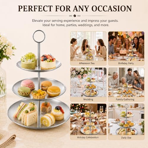ABuff 3 Tiered Silver Cupcake Stand 2 Pack Stainless Steel Silver Tiered Dessert Stand Cupcake Display Tower 3 Tier Serving Tray Cake Stand for Baby Shower Birthday Party Wedding - Image 7