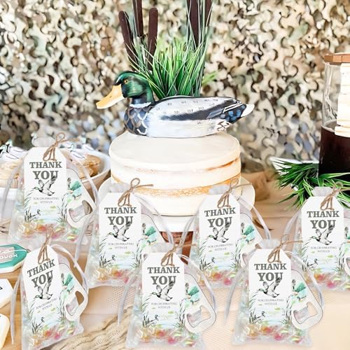 24 Sets Mallard Duck Baby Shower Bottle Openers Favors, Duck Hunting Baby Shower Bottle Openers Keychains Thank You Tags Organza Bags for Guest Gifts Souvenirs Duck Hunter Party Supplies - Image 2
