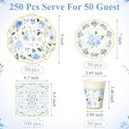 Funnymoom 250 Pcs Blue Gold Floral Paper Plates Napkins Cups Serves 50 - Image 3
