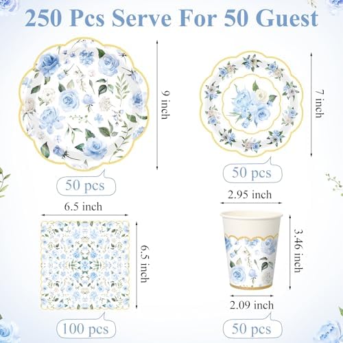 Funnymoom 250 Pcs Blue Gold Floral Paper Plates Napkins Cups Serves 50 - Image 3