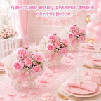3 Pack Baby Shower Table Centerpiece, Pink Rattan-Style Carriage Baskets with Faux Ranunculus and Baby's Breath for Girl Gender Reveal Bridal Wedding Party Tables - Image 5