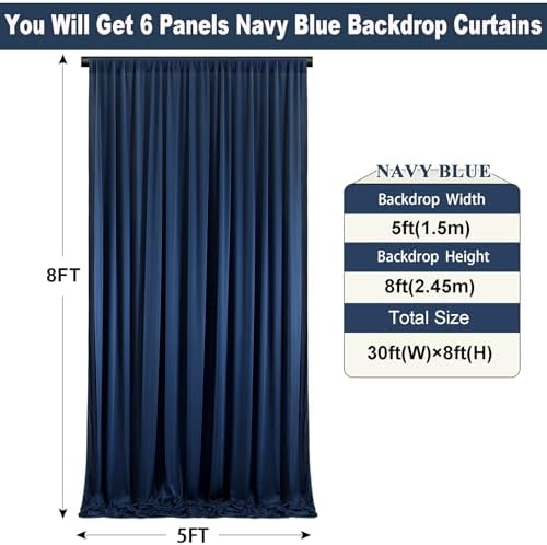30ft×8ft Wrinkle Free Navy Blue Backdrop Curtains for Parties, 6 Panels 5ft×8ft Thick&Silky Polyester Navy Photo Backdrop Drapes Curtains for Graduation Party Baby Shower Birthday Wedding Photography - Image 5