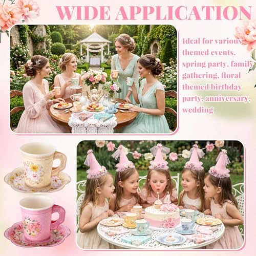 Nuogo 589 Pcs Floral Tea Party Disposable Cups Saucers Napkins Balloon Kit - Image 5