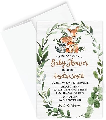 All Ewired Up Personalized Baby Shower Invitations and Envelopes, Woodland Greenery Jungle Safari, Neutral Animal Creatures by AllEwiredUp