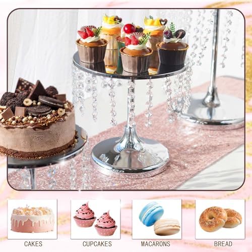 Metal Mirror Cake Stand Set with Crystal Pendants - Elegant Dessert Table Display for Weddings, Birthday Parties, Baby Showers, Events - Sturdy Crystal Bling Cupcake Stands for Pastries, Sweets, Decorations (Silver, Set of 6) - Image 2