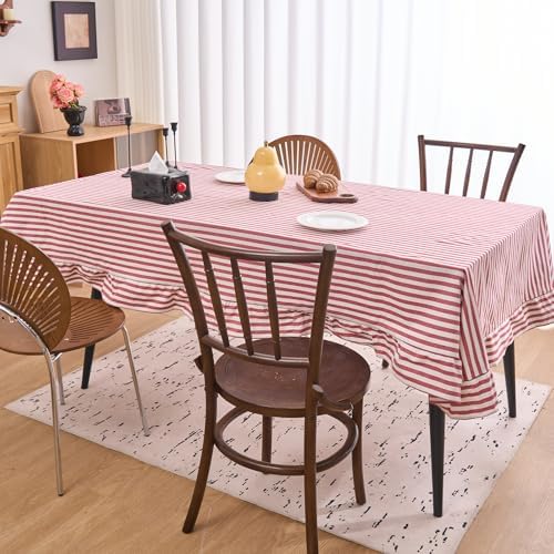 vctops Farmhouse Red Stripe Ruffle Table Cloth, Boho Cotton Linen Tablecloth, Washable Table Cover for Rectangle Table Baby Shower Kitchen Party Wedding Decor (Red B,70"x102") - Image 3