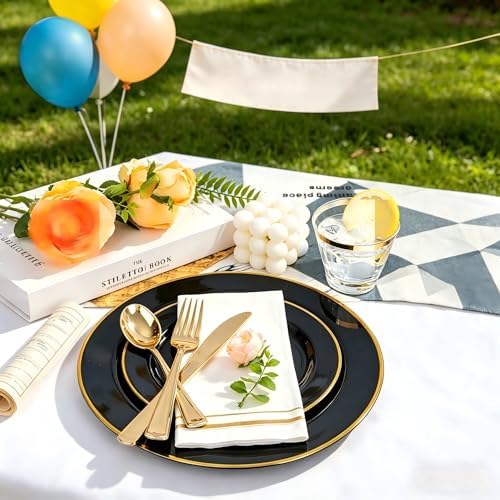 SUT 175 Piece Black and Glod Plastic Dinnerware Set for 25 Guests, Disposable Plastic Plates, Include: 25 Dinner Plates, 25 Dessert Plates, 25 Pre Rolled Napkins with Silver Silverware, 25 Cups - Image 6
