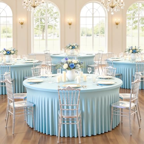 GALLETY 2 Pack Baby Blue Round Tablecloth for 5FT Tables, 120 inch Fitted Spandex Table Cloth with Skirt, Wrinkle Free Stretchy Circular Table Cover for Baby Shower, Birthday, Gender Reveal Party - Image 5
