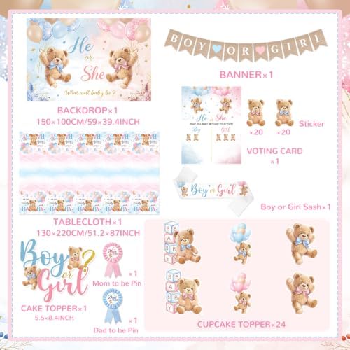 Bear Gender Reveal Decorations All-in-1 He or She Gender Reveal Decorations with Pink Blue Balloon Arch Baby Boxes Tableware Cake Toppers Tablecloth Backdrop Boy or Girl Bear Theme Party Supplies - Image 5