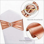 Pack of 100 Rose Gold Chair Sashes Bows Spandex Chair Bands Silver Buckles - Image 4