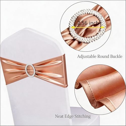 Pack of 100 Rose Gold Chair Sashes Bows Spandex Chair Bands Silver Buckles - Image 4