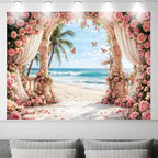 10X8FT Rose Backdrop Party Bridal Shower Photoshoot Valentine's Day Mother's Day Wedding Anniversary Baby Shower Summer Hawaiian Beach Ocean Photography Backdrop Palm Trees Photo Banner Supplies - Image 2