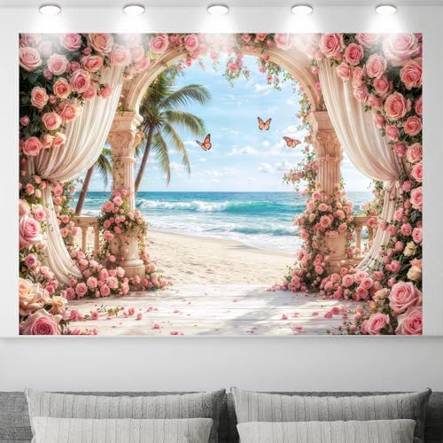 10X8FT Rose Backdrop Party Bridal Shower Photoshoot Valentine's Day Mother's Day Wedding Anniversary Baby Shower Summer Hawaiian Beach Ocean Photography Backdrop Palm Trees Photo Banner Supplies - Image 2