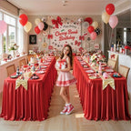 6 Packs Red Satin Tablecloths Rectangle 8FT, Glitter Spandex Fitted Stretch Table Covers Wrinkle-Free Floor Length Shimmer Table Skirt for Weddings Parties Baby Shower Banquets Vendor Events - Image 4
