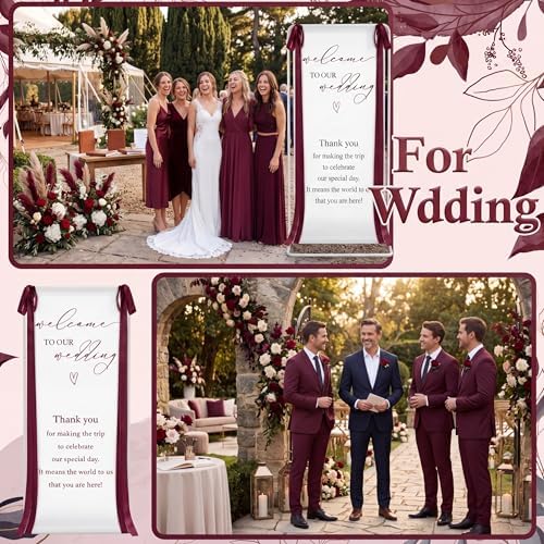 Wedding Welcome Linen Sign Stand with Satin Ribbon(Red) - Image 4