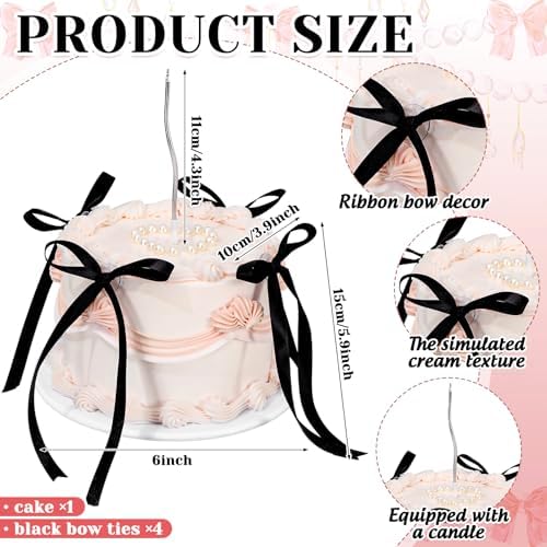 JarThenaAMCS 6 Inch Fake Cake with Black Bows Round Artificial Cake Coquette Dessert Decor for Birthday Wedding Party Display Photo Props Supplies - Image 2
