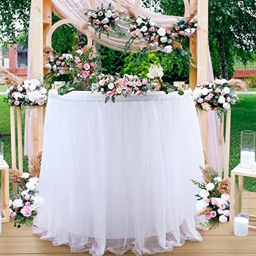 2 Pack 6ft White Tulle Table Skirts for wedding Bridal Shower White Ruffle Tutu Tablecloth for Baby Shower Birthday Party Banquet Baptism Cake Dessert Table Decorations - Image 4