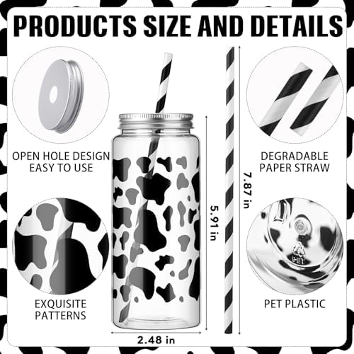 Chuangdi 24 Set 14 oz Cow Theme Plastic Bottle with Straws and Metal Lids 24 Plastic Milk Water Bottle 25 Paper Straws Tumbler Reusable Jar Containers for Cow Party Favor Baby Shower Birthday Supplies - Image 2